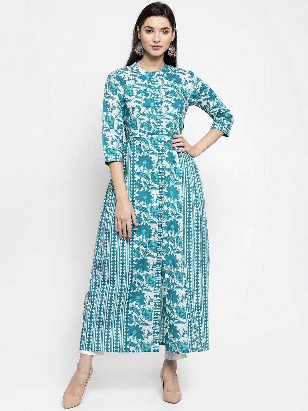 indibelle women turquoise blue & white floral print anarkali kurta