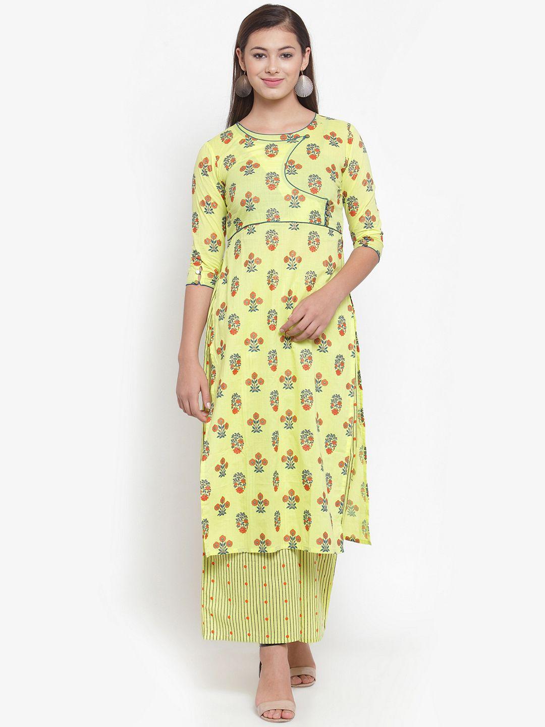 indibelle women yellow & blue printed kurta with palazzos