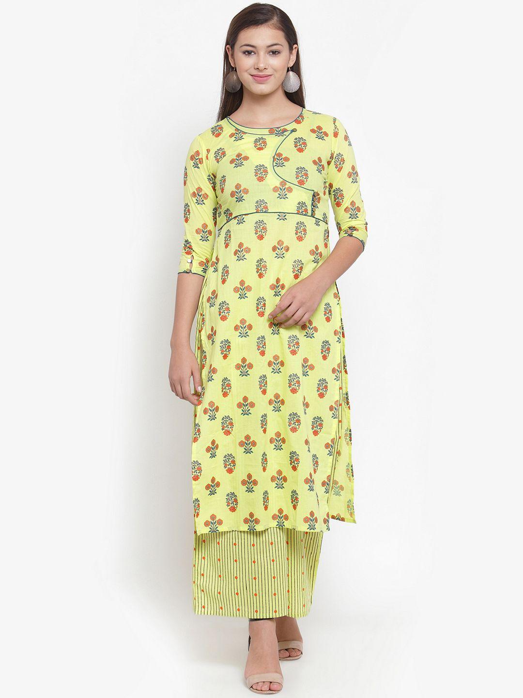 indibelle women yellow & orange printed straight kurta