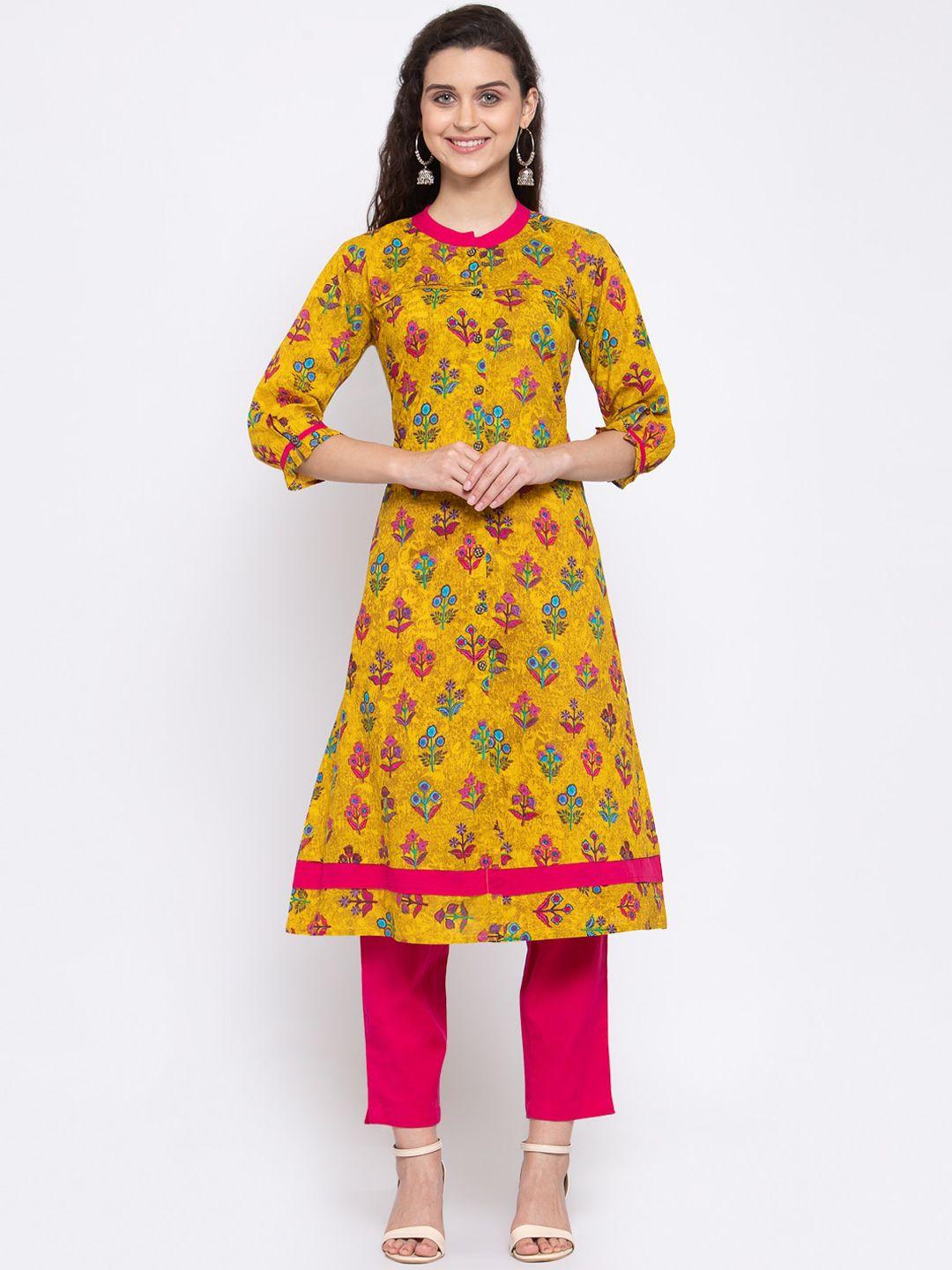 indibelle women yellow & pink floral printed regular a-line pure cotton kurta & trousers