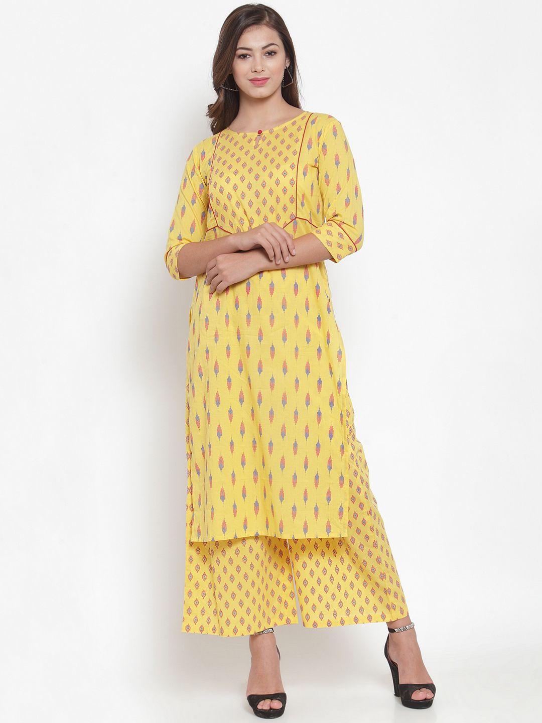 indibelle women yellow & pink ikat printed kurta with palazzos