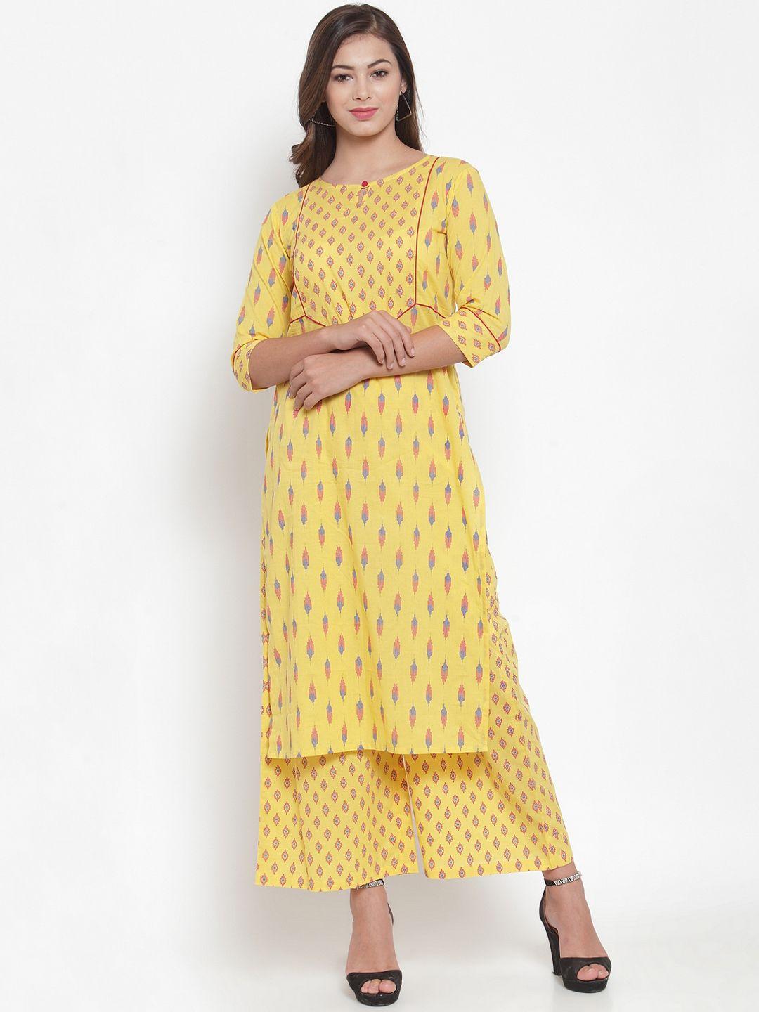 indibelle women yellow & pink printed straight kurta