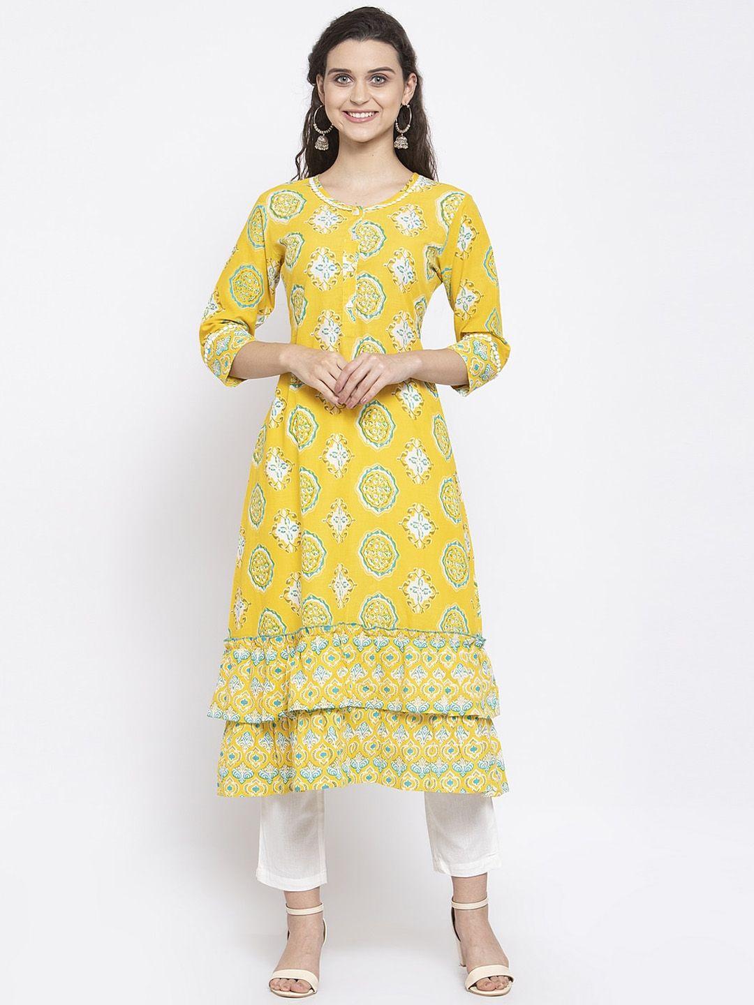 indibelle women yellow & white ethnic motifs printed layered cotton kurta with trousers