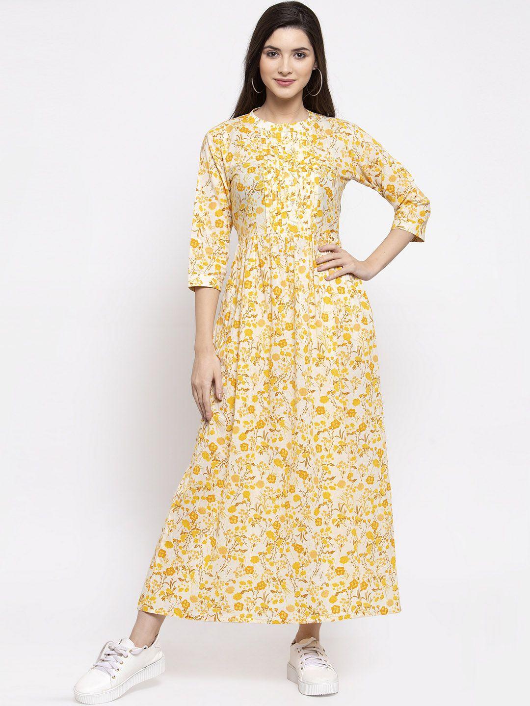 indibelle women yellow & white printed maxi dress