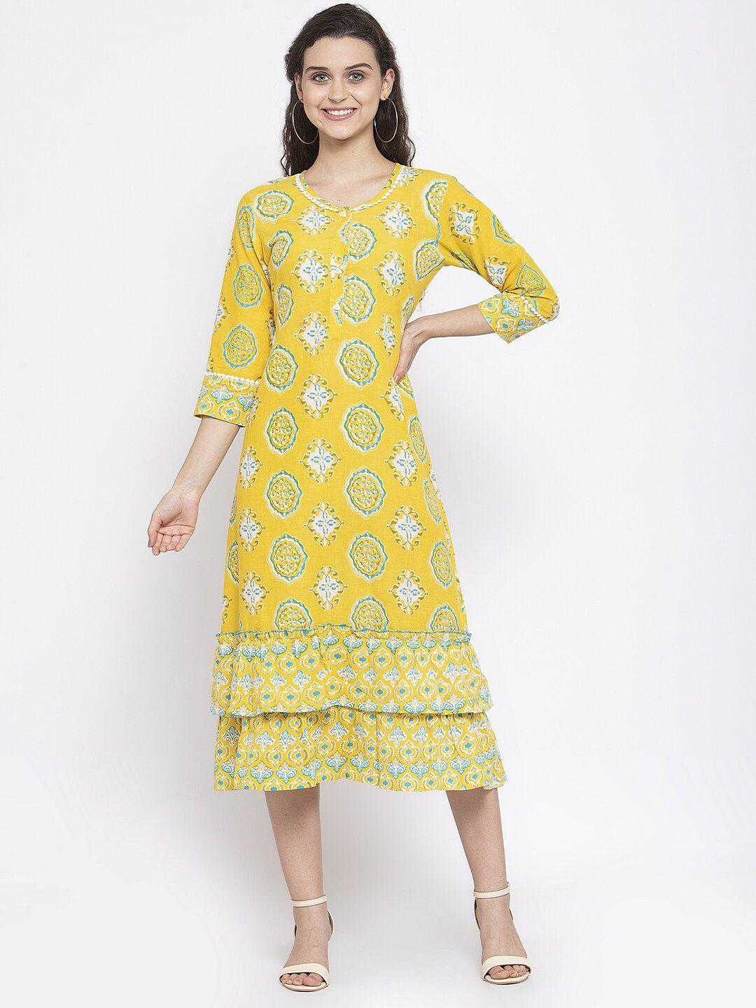 indibelle women yellow ethnic motifs printed a-line dress