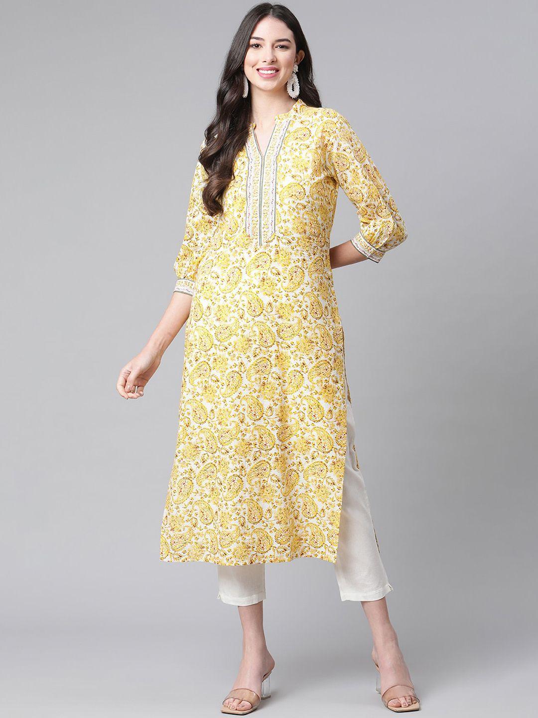 indibelle women yellow paisley printed pure cotton kurta with trousers