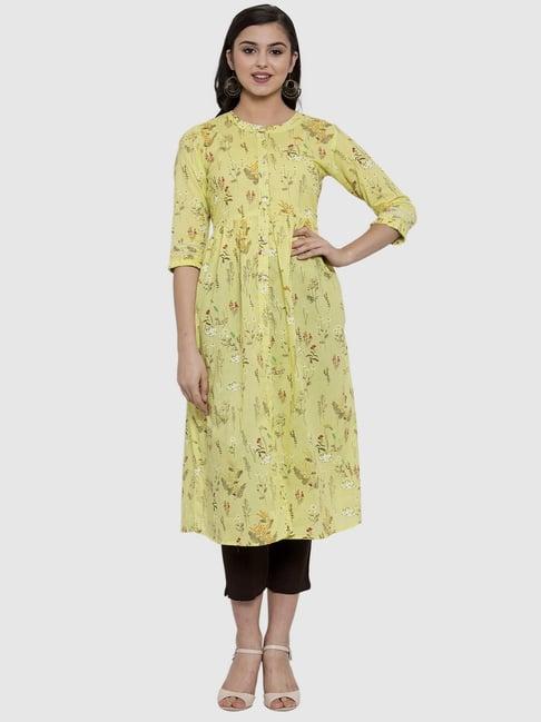 indibelle yellow cotton floral print a line kurta