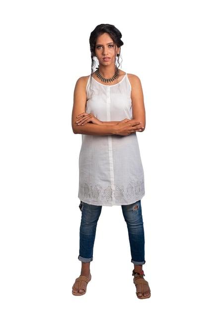 indic palate co white linen embroidered a line kurti