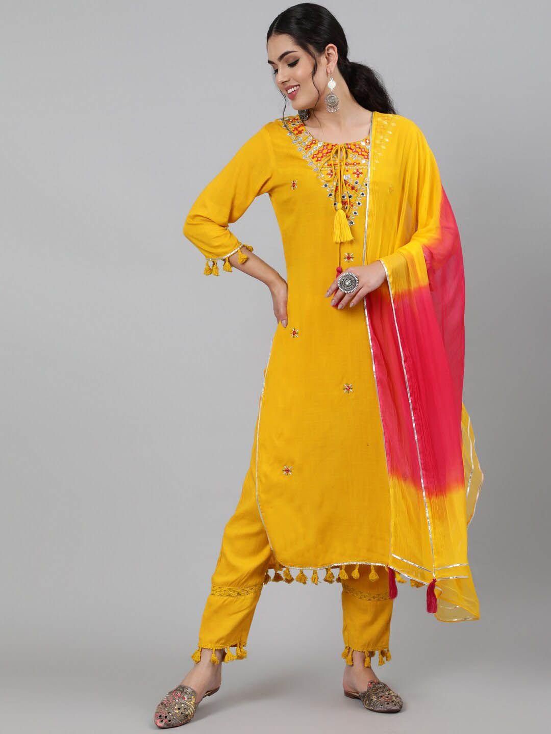 indie closet women yellow embroidered mirror work kurta with trousers & with dupatta