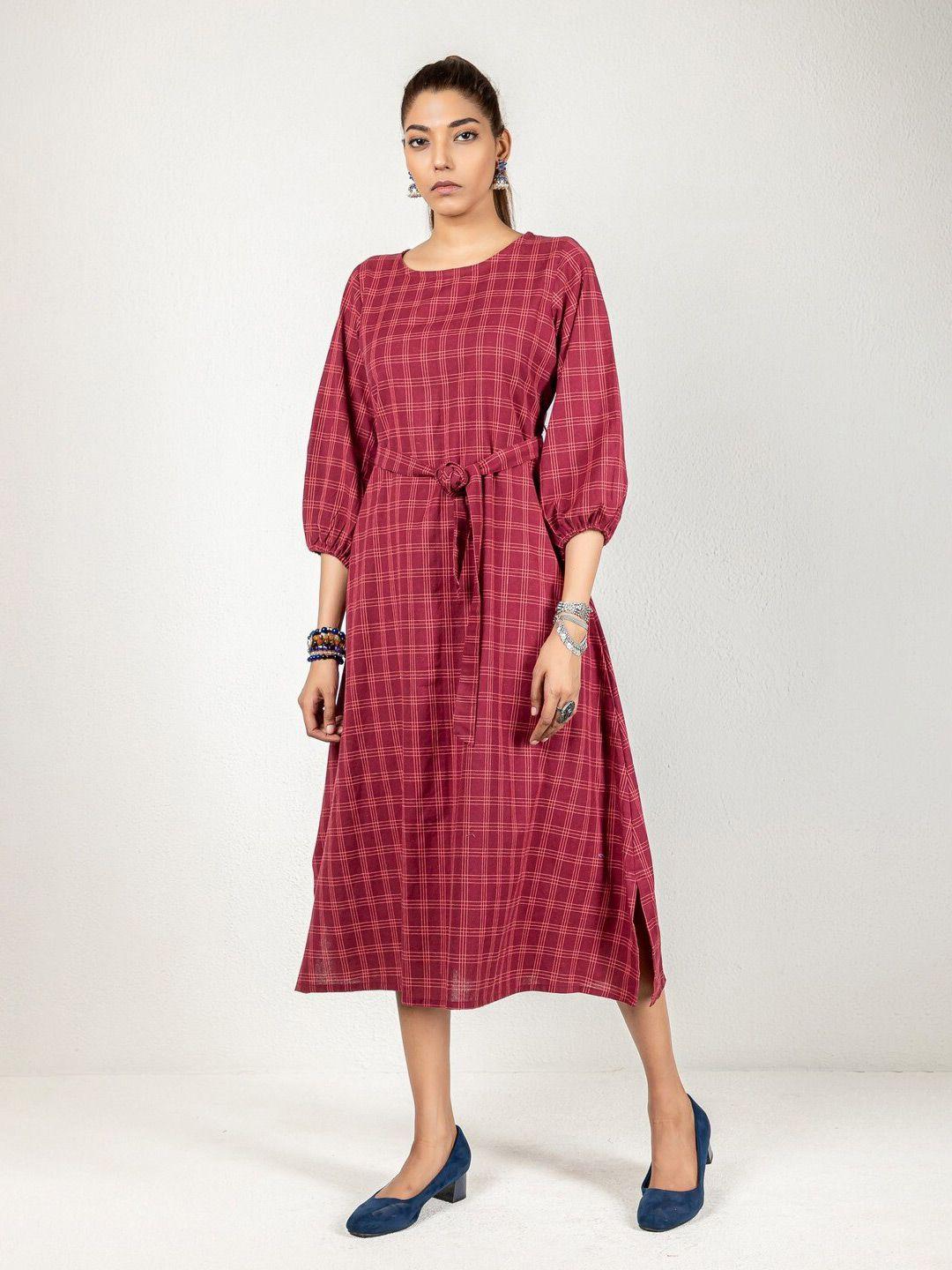indie jhola checked puff sleeve a-line midi dress