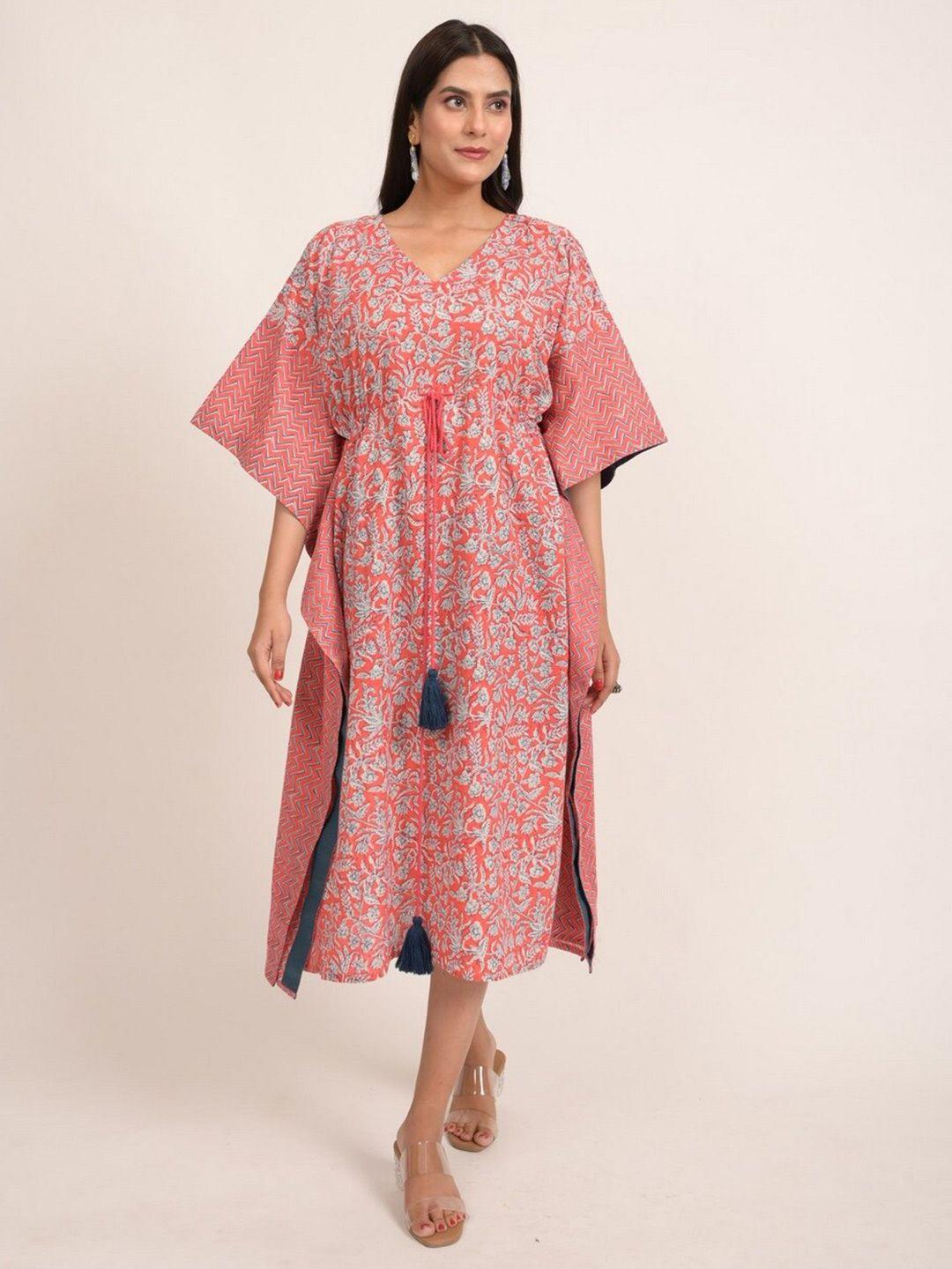indie jhola floral print kimono sleeve kaftan midi dress