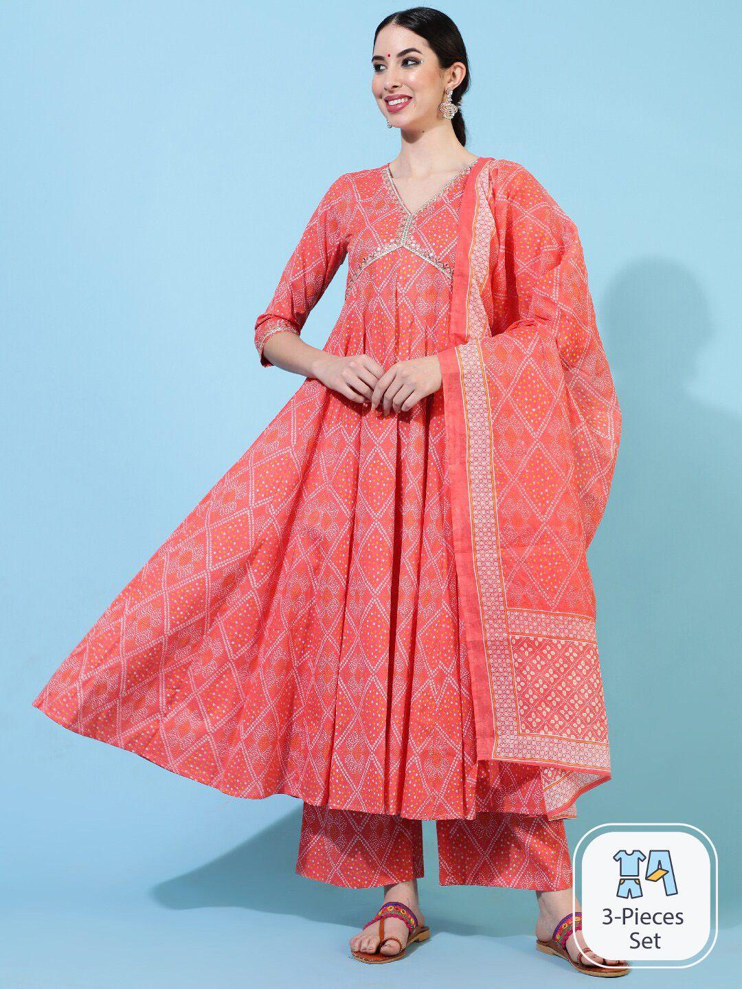 indie closet bandhani printed mirror work pure cotton kurta with palazzos & dupatta