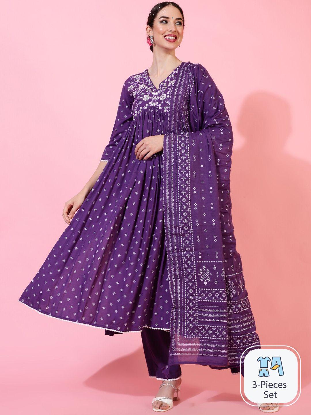 indie closet printed empire thread work pure cotton anarkali kurta with trousers & dupatta