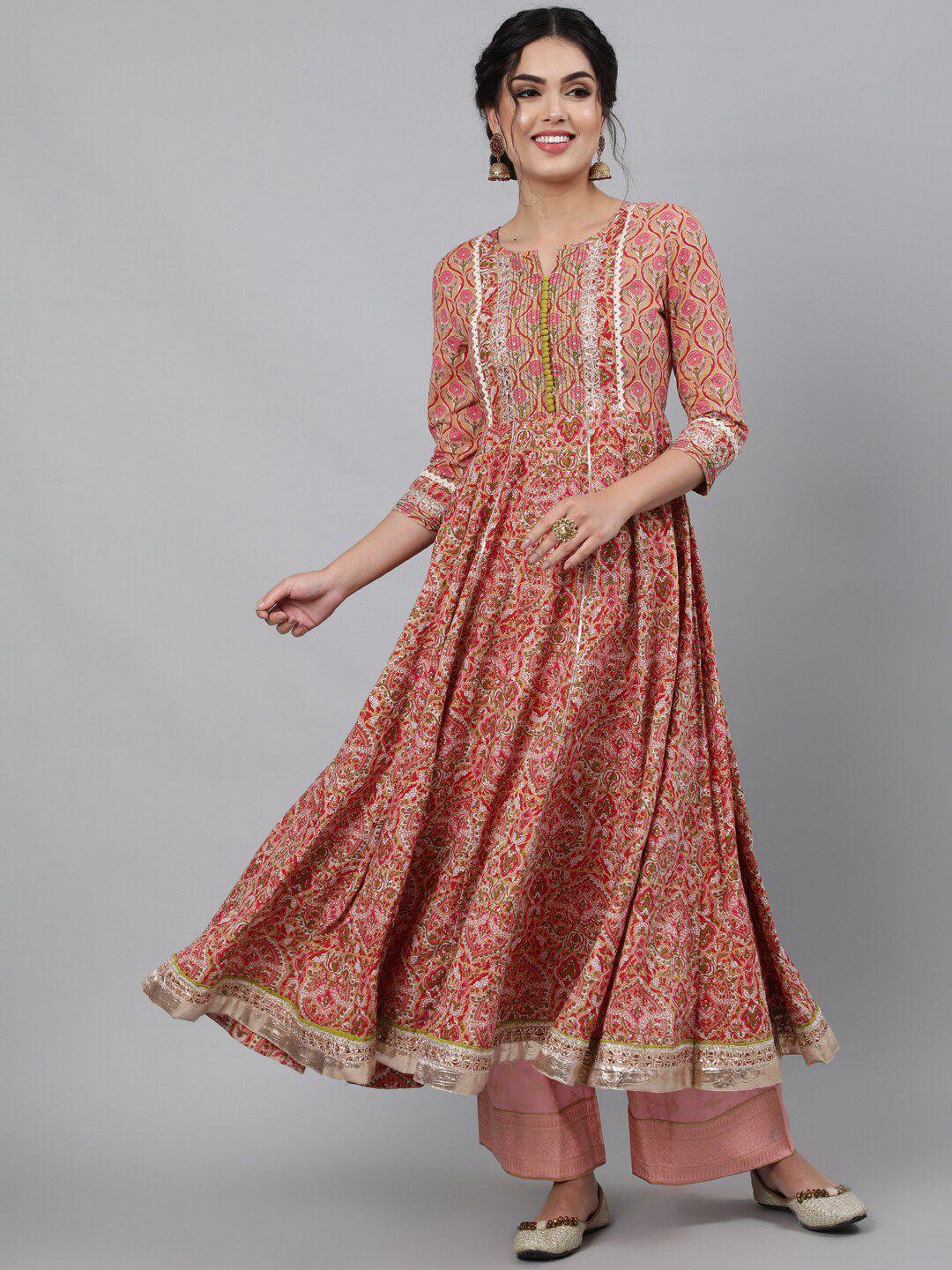 indie closet women coral & pink ethnic motifs printed anarkali kurta with dupatta