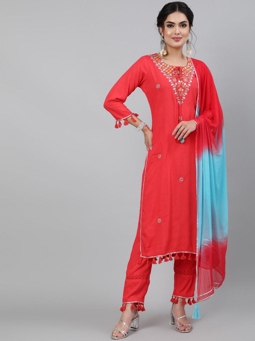indie closet women coral floral embroidered thread work kurta with trousers & with dupatta
