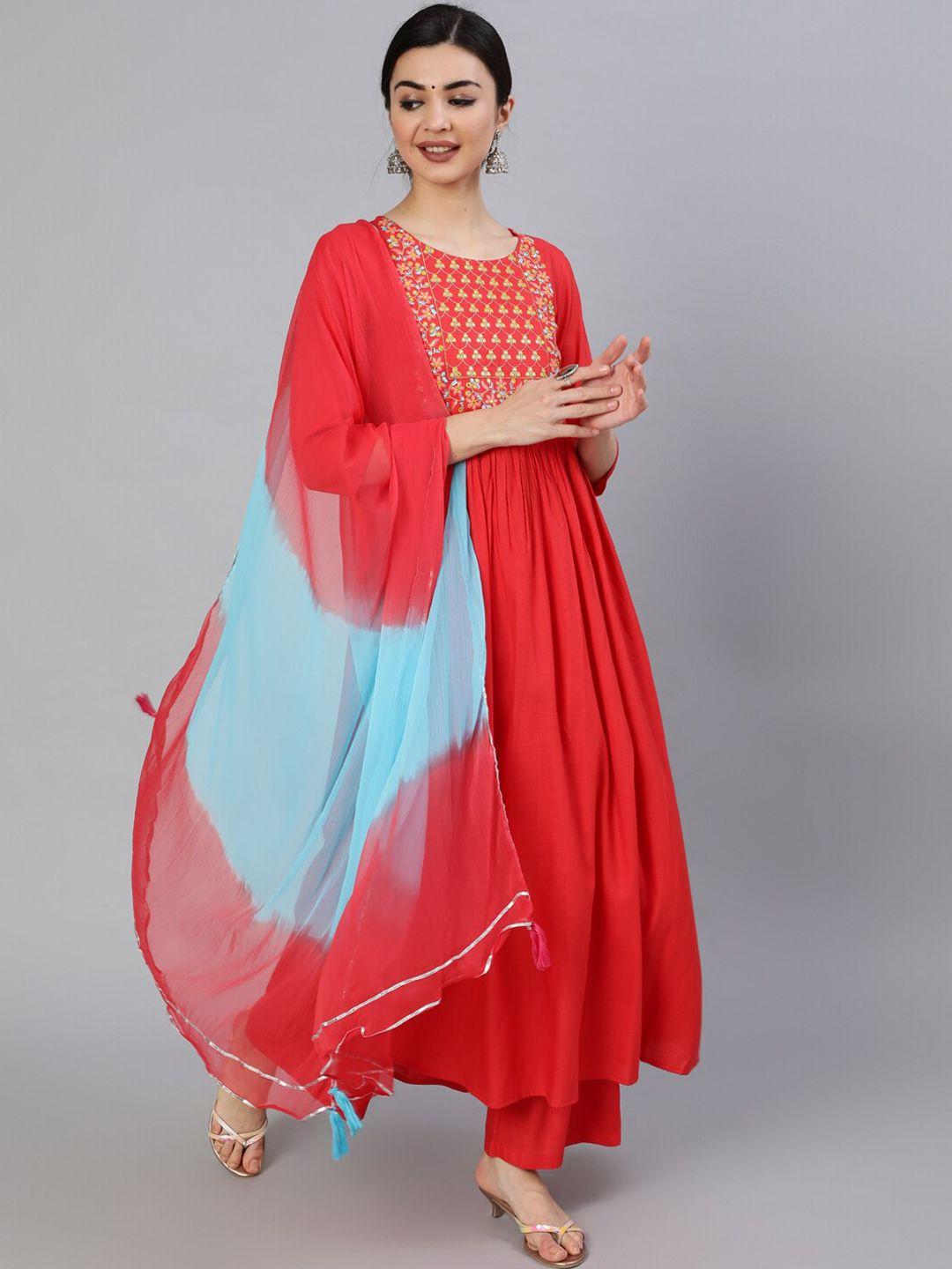indie closet women coral red embroidered a-line kurta with palazzos & with dupatta