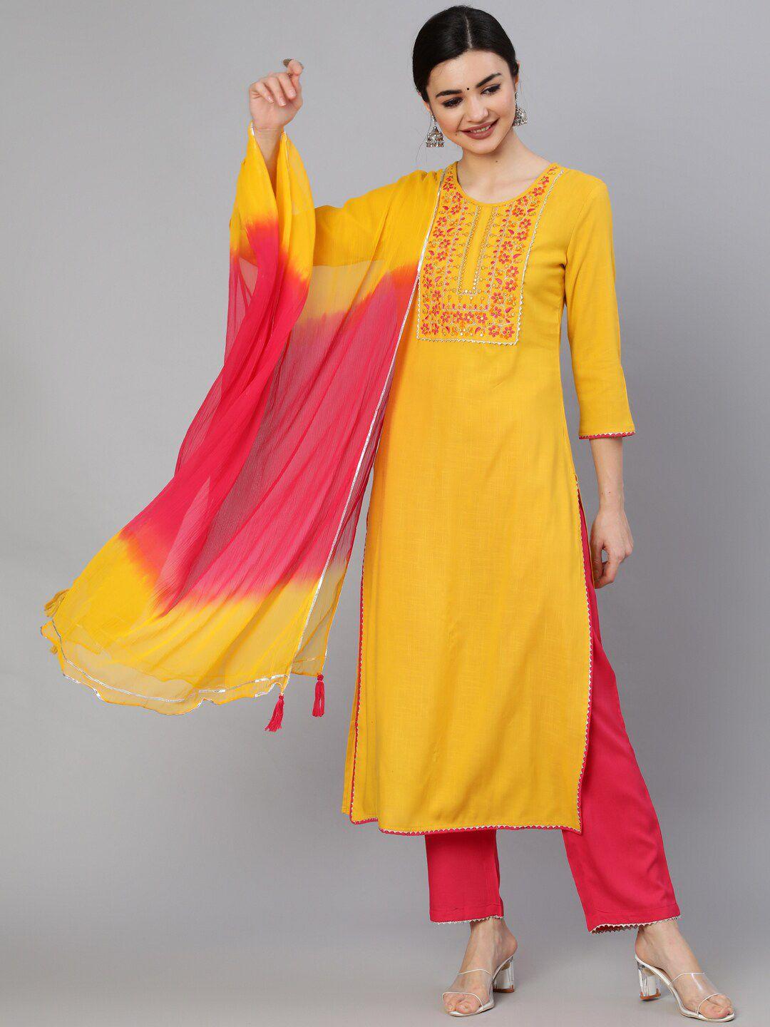 indie closet women embroidered gotta patti kurta with trouser & dupatta set