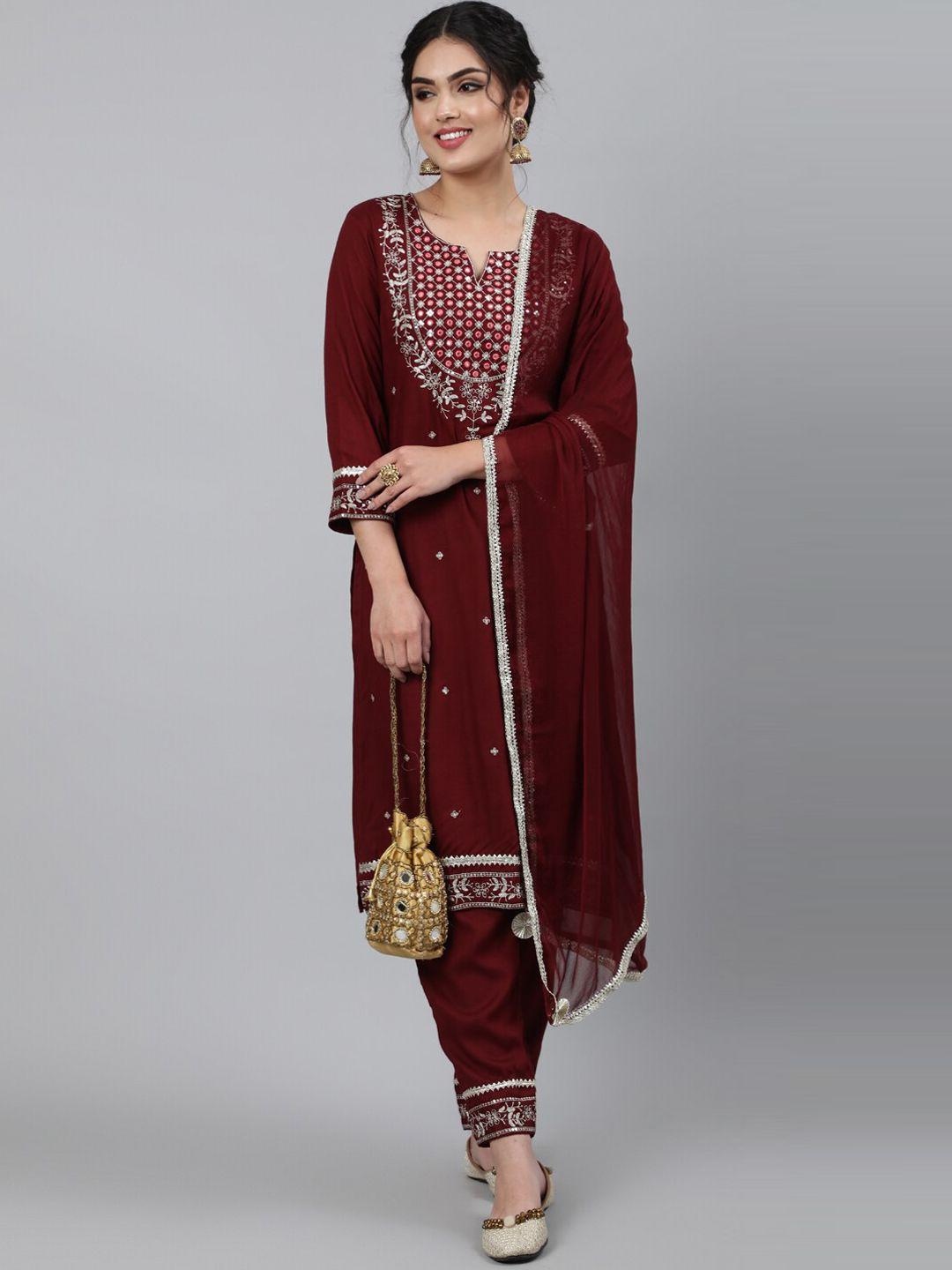 indie closet women maroon ethnic motifs embroidered kurta with trouser & dupatta