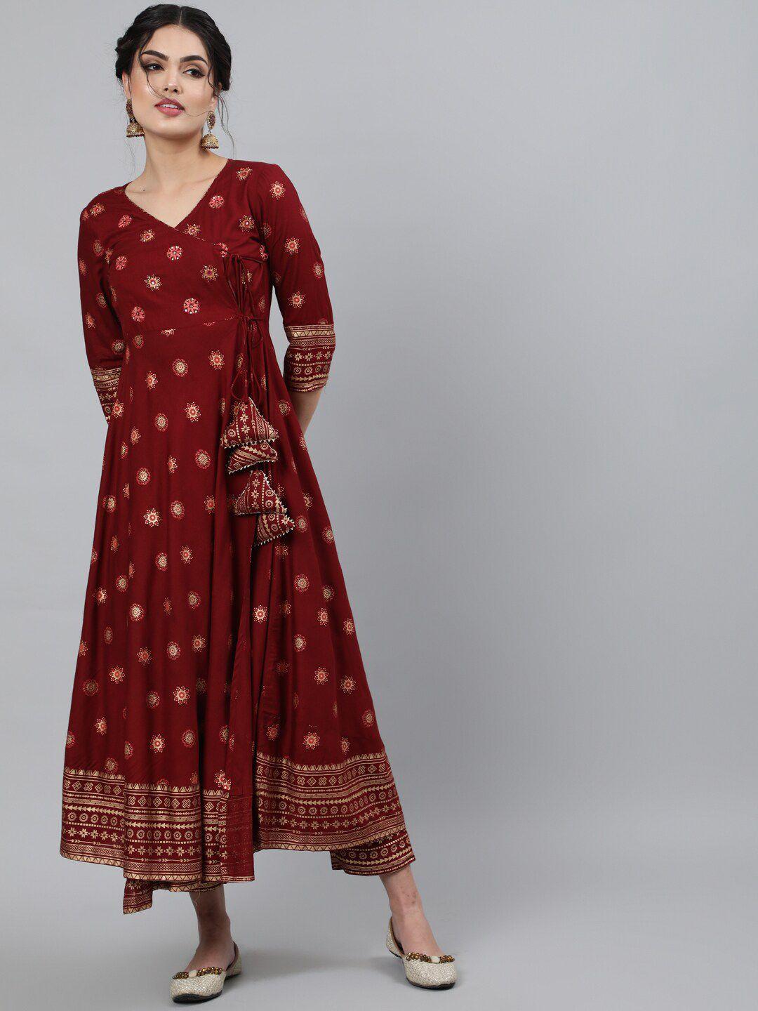 indie closet women maroon ethnic motifs printed angrakha kurta with trouser & dupatta set
