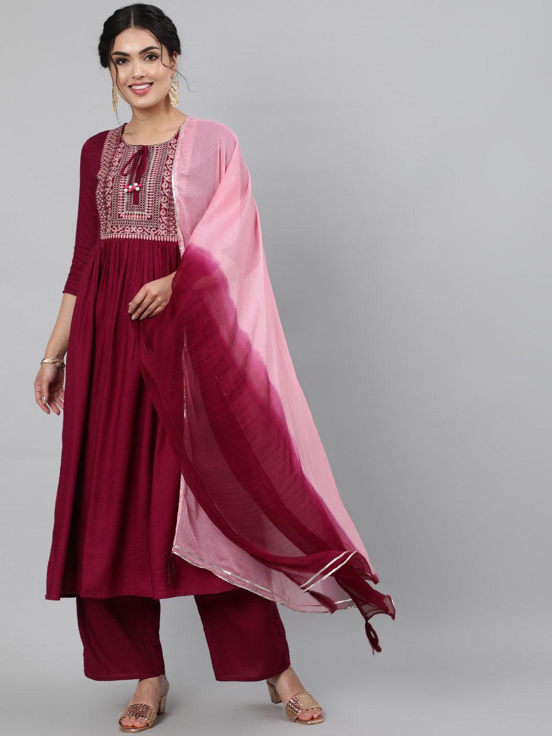 indie closet women maroon floral embroidered kurta with palazzos & with dupatta