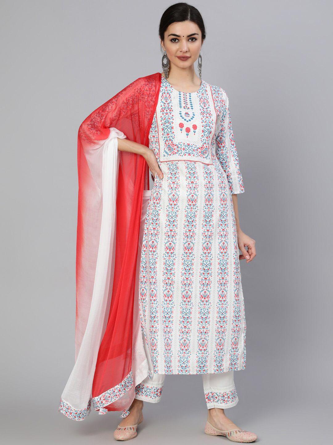 indie closet women off white & peach printed straight kurta with trousers & with dupatta