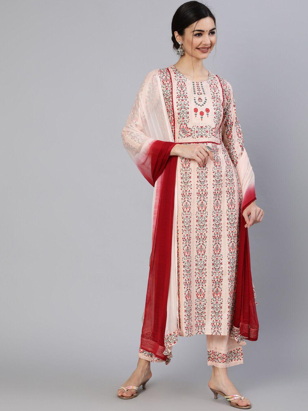 indie closet women peach-coloured floral printed kurta with trouser &  dupatta