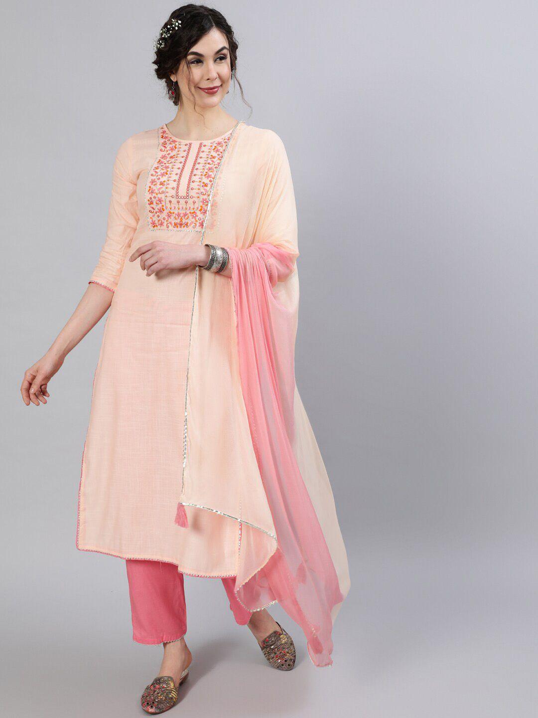 indie closet women peach embroidered thread work kurta with trouser & dupatta