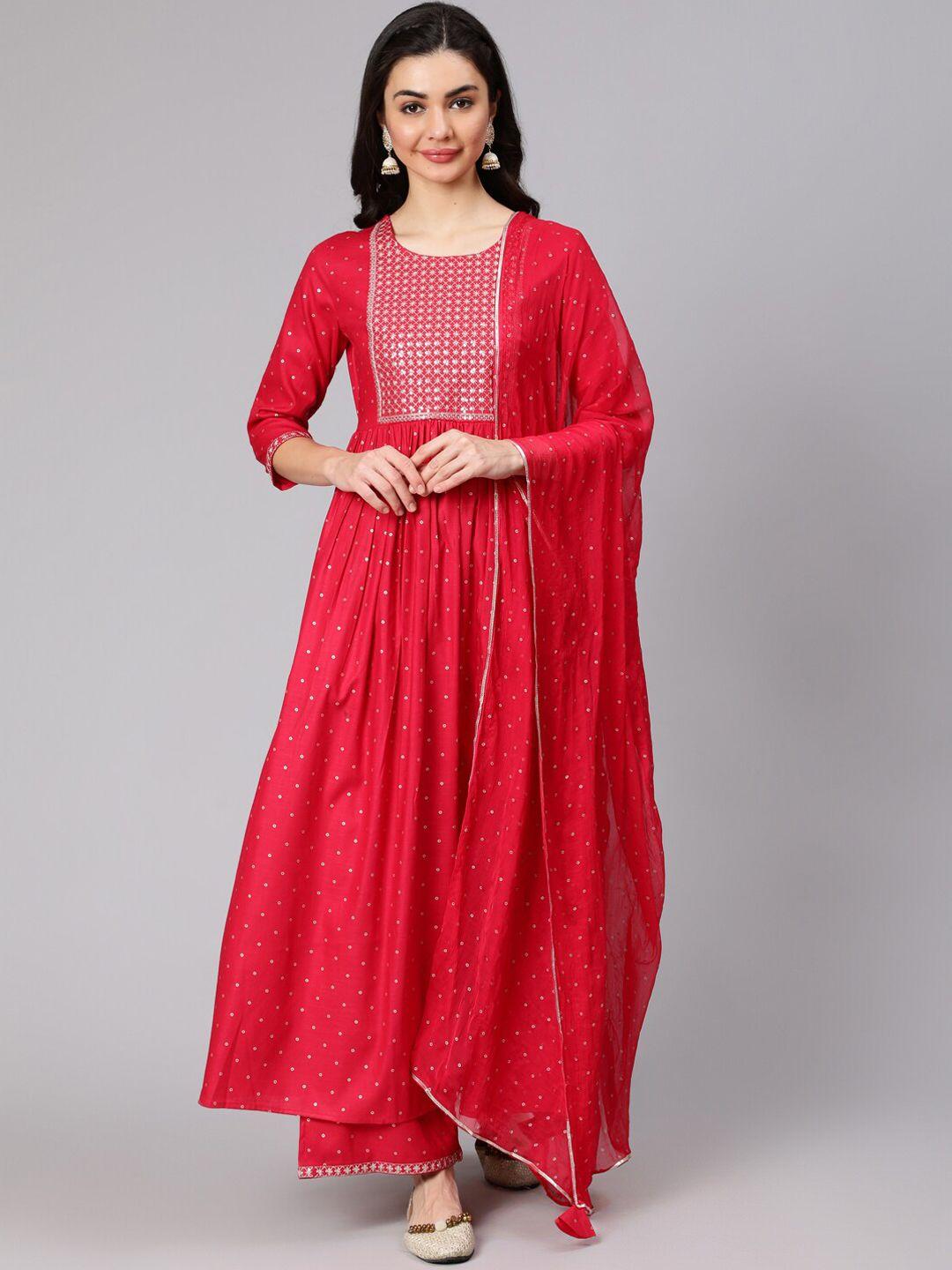 indie closet women red embroidered a-line kurta with palazzos & with dupatta