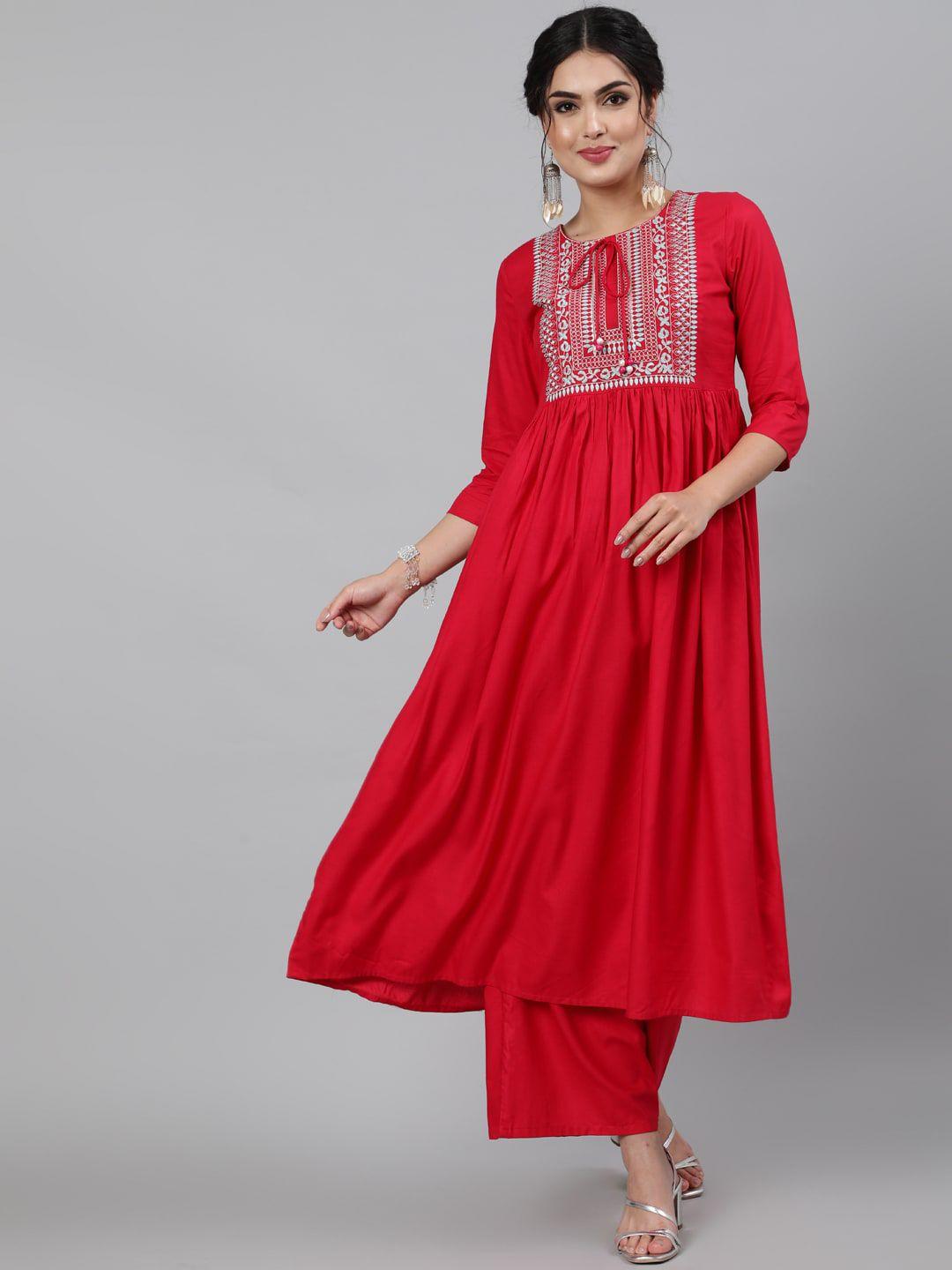 indie closet women red empire thread work kurta with palazzos & with dupatta