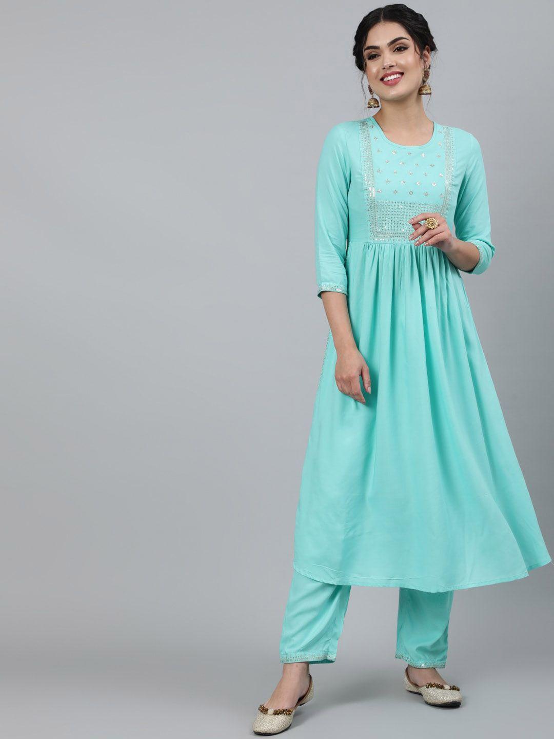 indie closet women sea green sequinned kurta with trousers