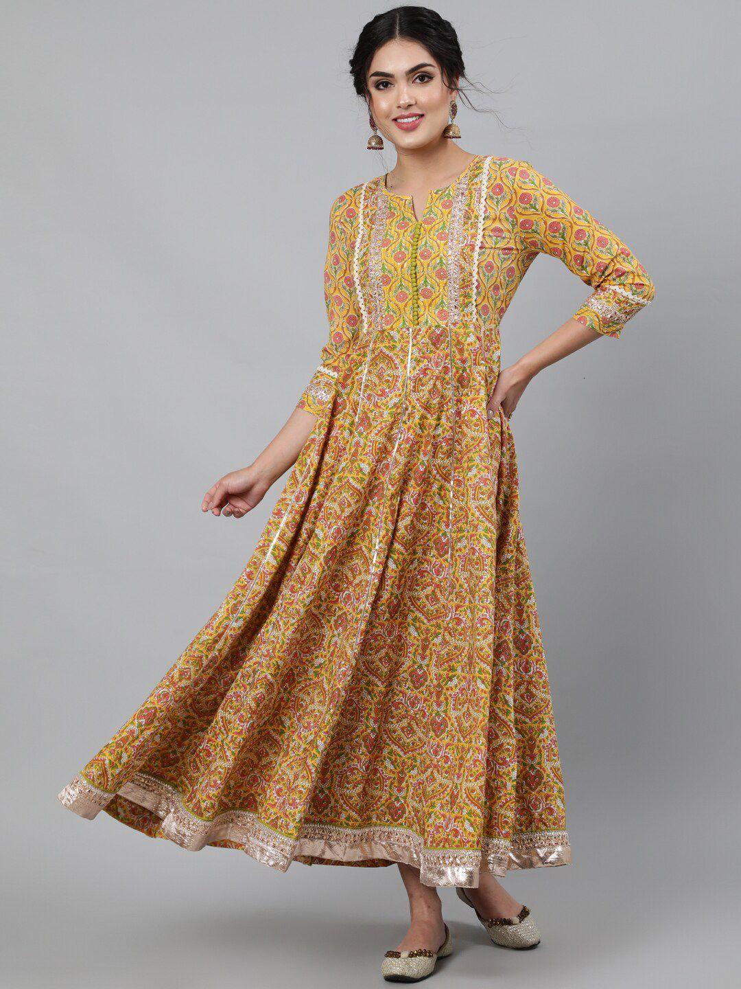 indie closet women yellow ethnic motifs printed pure cotton gotta patti anarkali kurta