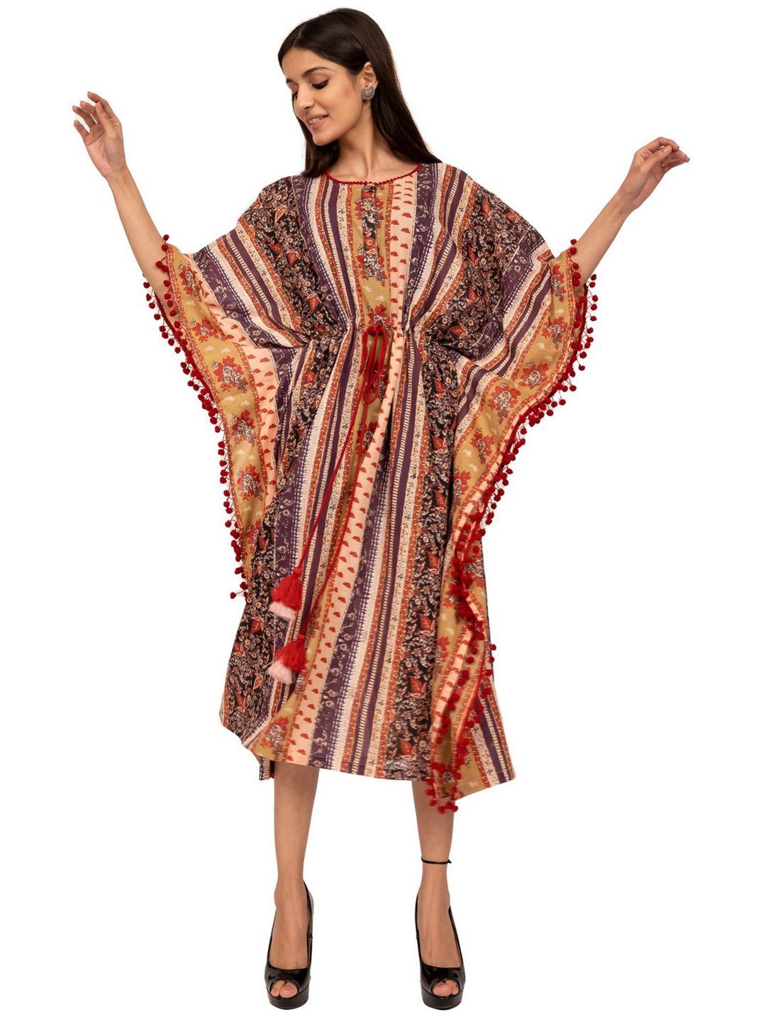 indie jhola ethnic motifs print kimono sleeve kaftan midi dress
