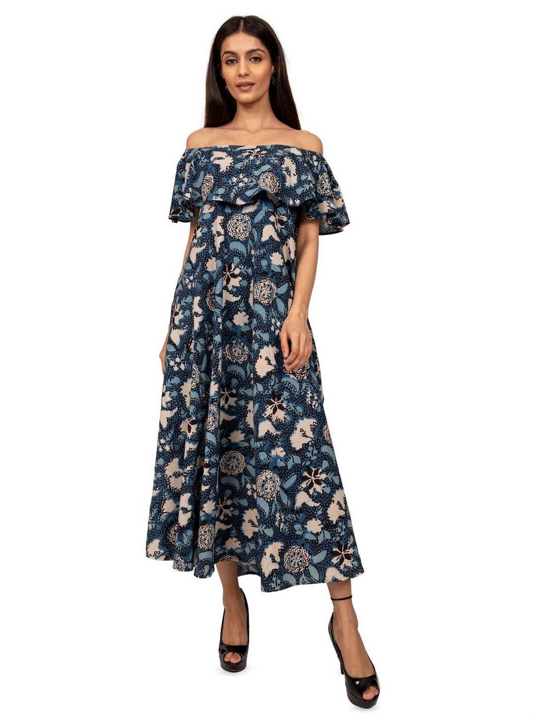 indie jhola floral print off-shoulder flutter sleeve fit & flare maxi dress