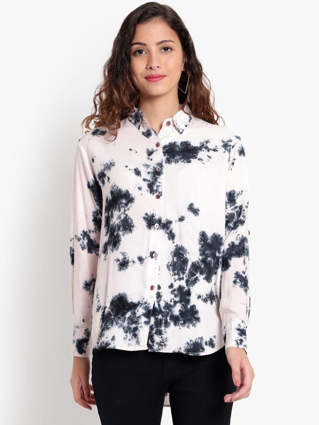 indietoga women charcoal & white classic floral printed tie & dye casual shirt