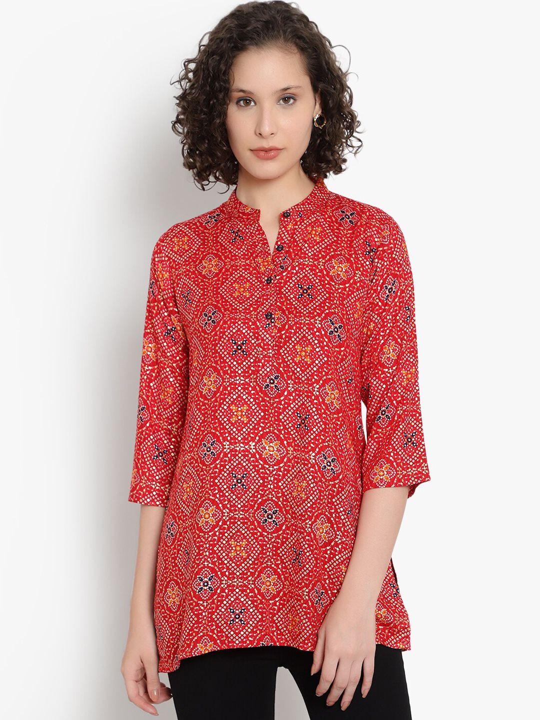 indietoga women red viscose rayon mandarin collar bandhani printed tunic