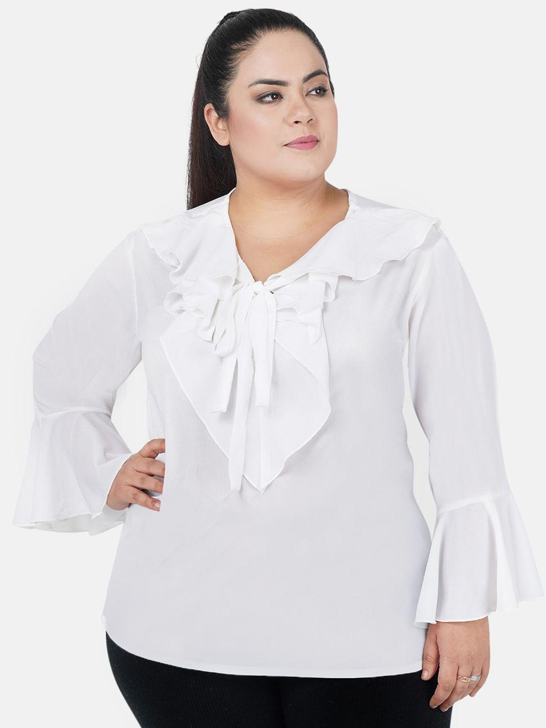 indietoga women's plus size white tie-up neck bell sleeve ruffles georgette top