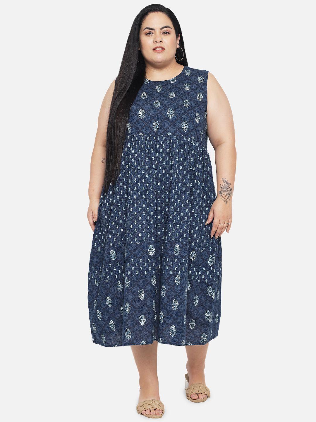 indietoga plus size blue indigo hand block printed tiered sustainable pure cotton dress