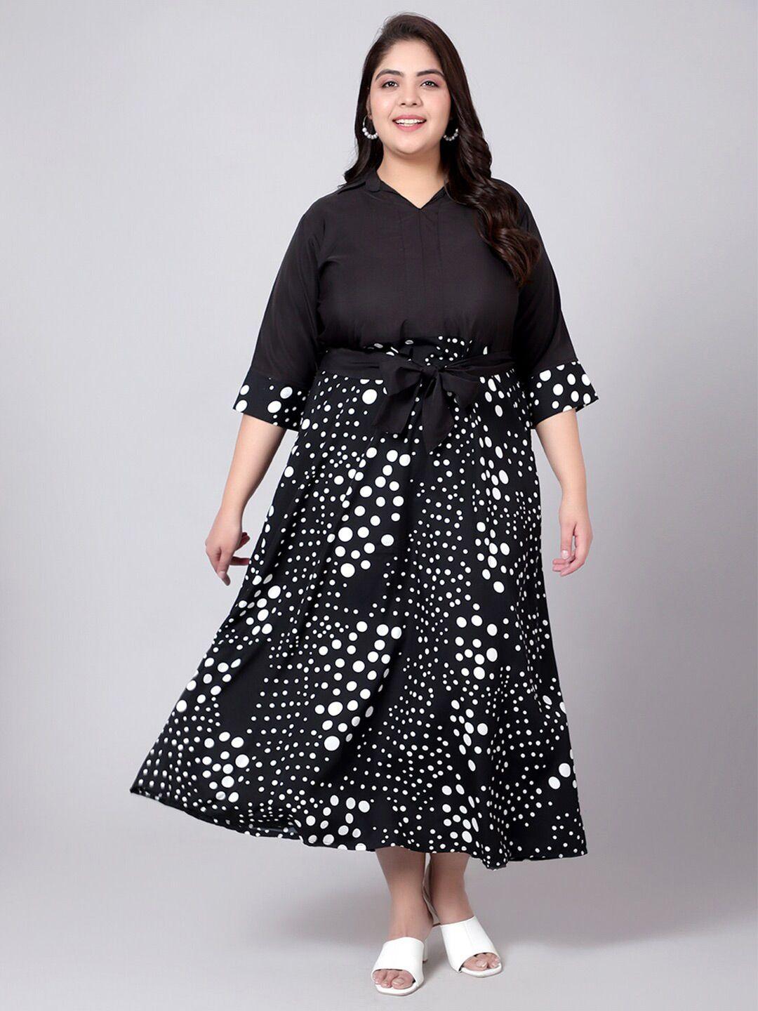 indietoga plus size polka dot printed shirt collar fit & flare midi casual dress