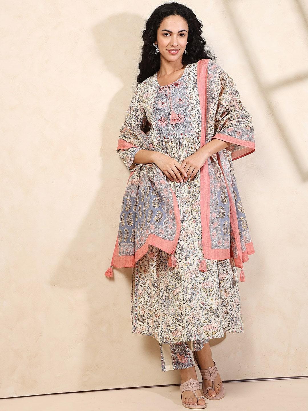 indifusion ethnic motifs printed pleated cotton kurta with trousers & with dupatta