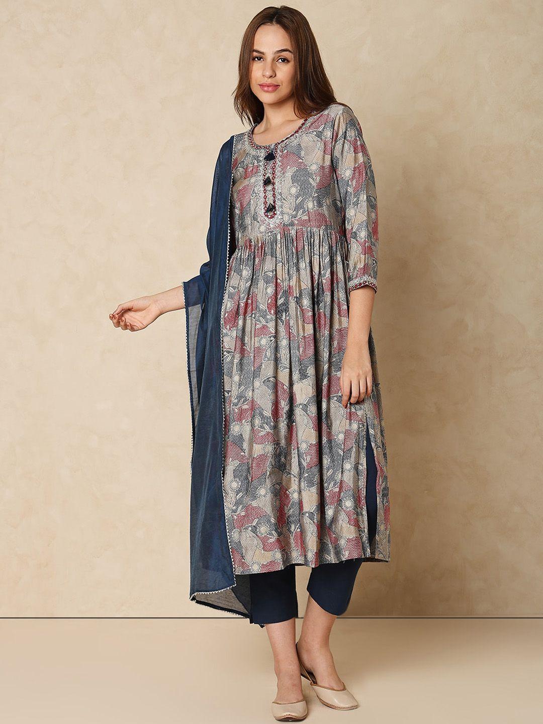 indifusion floral printed thread work a-line kurta with trousers & with dupatta