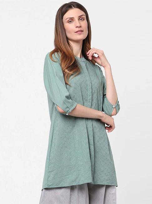 indifusion green cotton embroidered a line short kurti