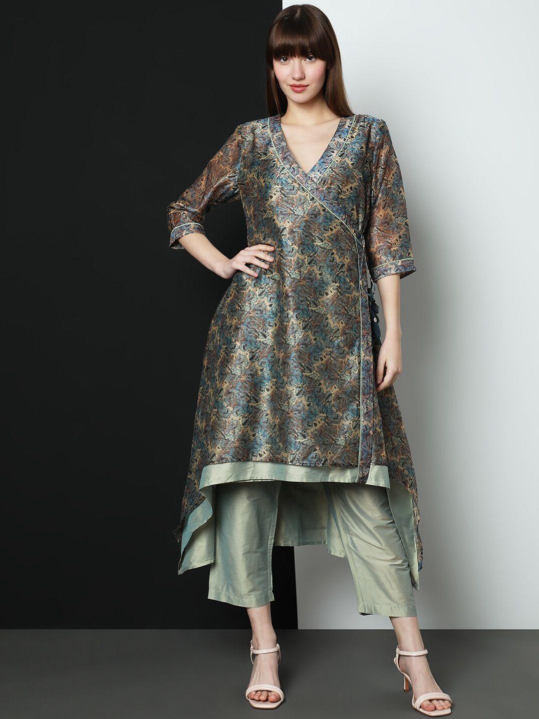 indifusion abstract printed asymmetric angrakha a-line kurta with trousers