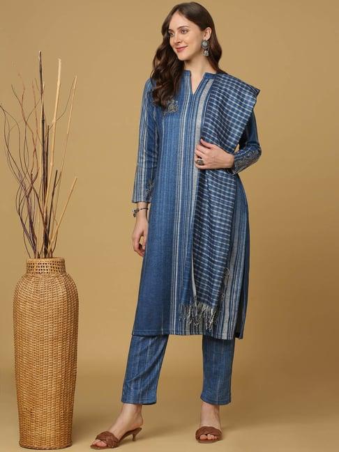 indifusion blue printed kurta pant set with dupatta