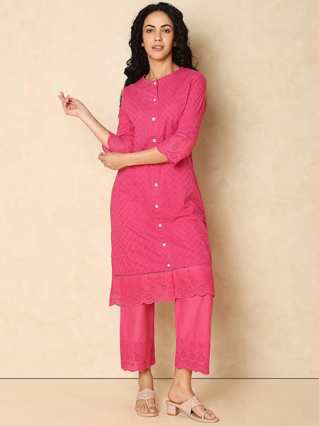 indifusion ethnic motifs embroidered band collar regular kurta with trousers