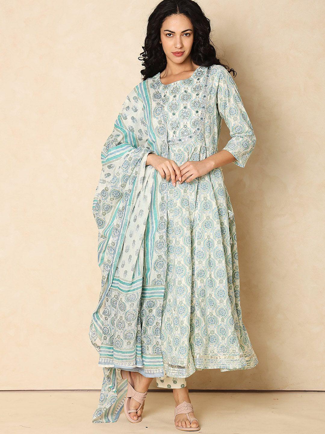 indifusion ethnic motifs printed anarkali thread work kurta with trousers & dupatta