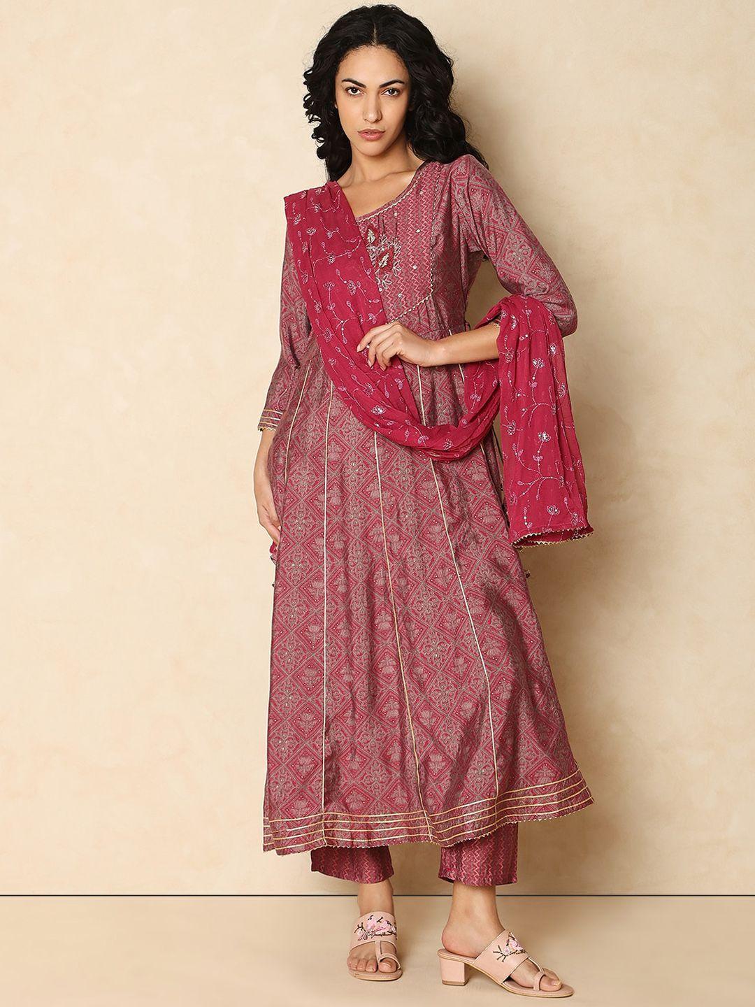 indifusion ethnic motifs printed cotton panelled anarkali kurta with trousers & dupatta