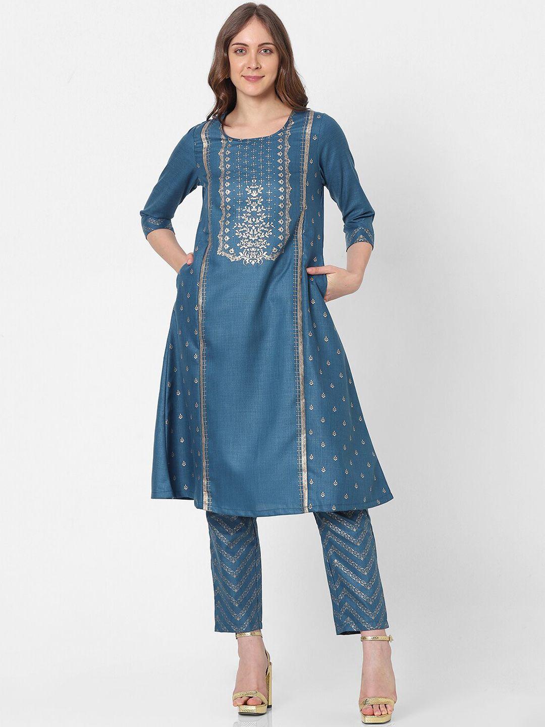 indifusion ethnic motifs printed foil a-line kurta with trousers