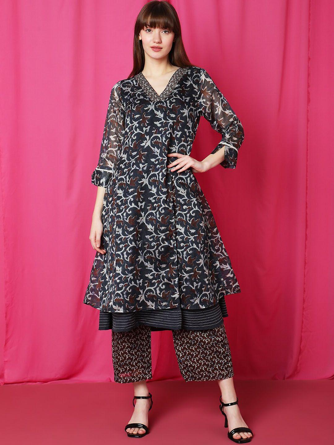 indifusion ethnic motifs printed layered a-line kurta with trousers