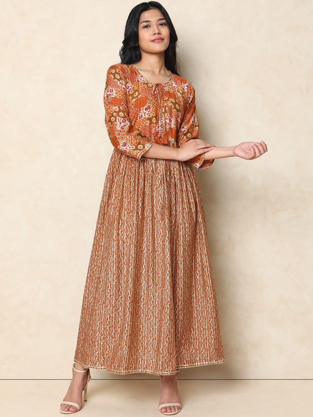 indifusion ethnic motifs printed tie up neck gathered fit & flare ethnic dresses
