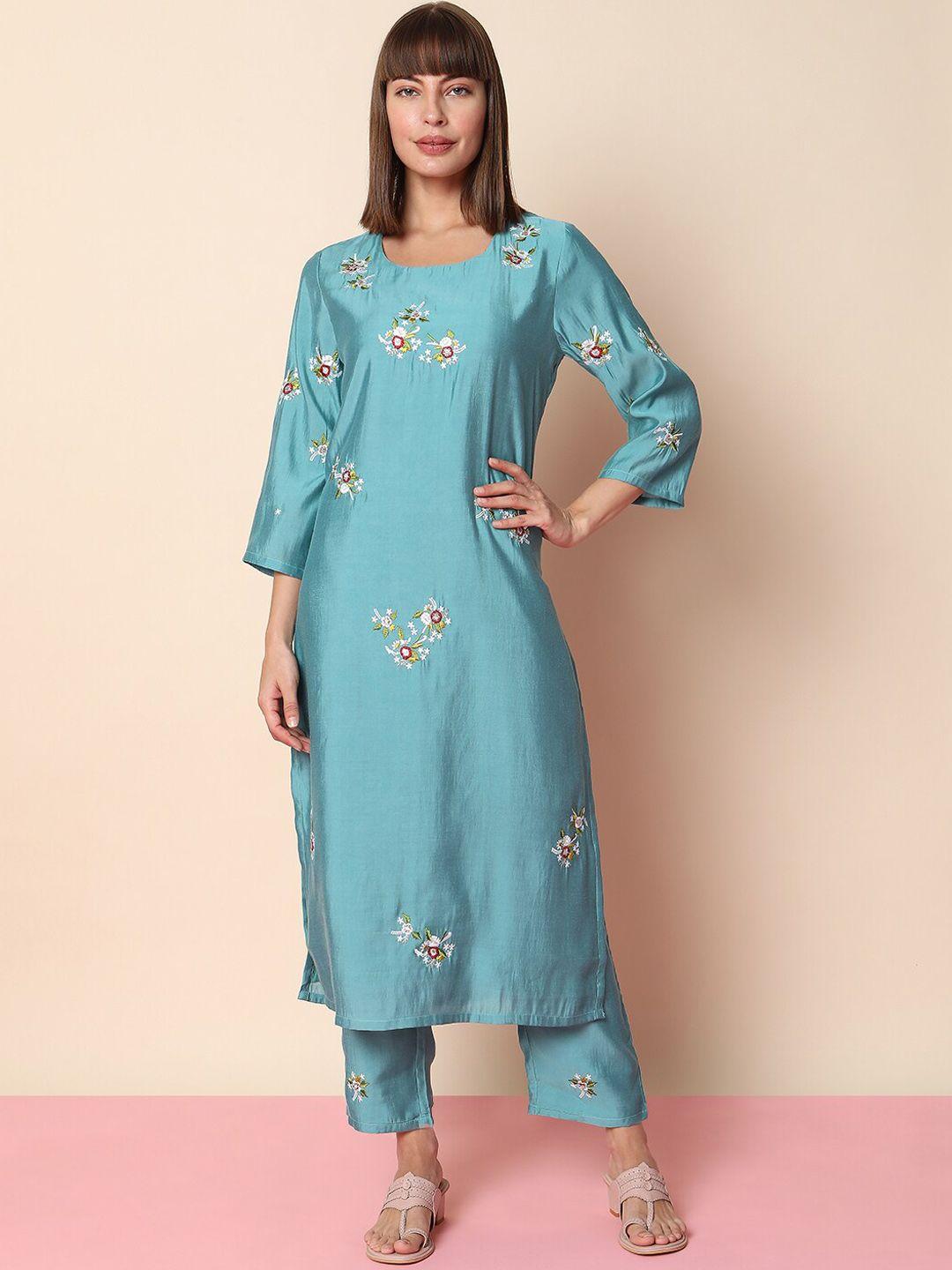 indifusion floral embroidered kurta with trousers & dupatta